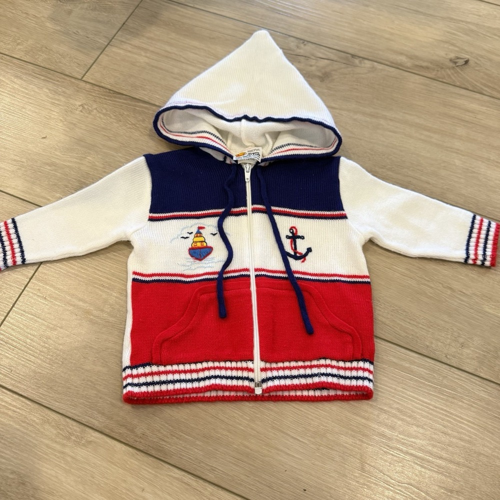 Vintage Disney Winnie The Pooh Baby Sweater Size 5 Hooded Nautical Knit Sears